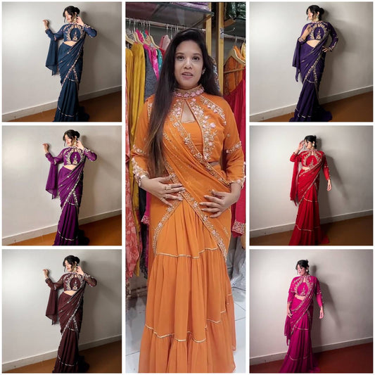 “Elegant Faux Georgette Lehenga Saree with Mirror & Sequence Embroidery - Full Stitched, Full Flair”