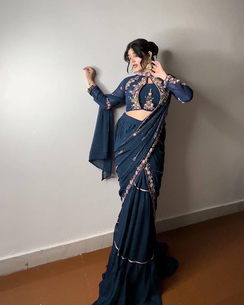 “Elegant Faux Georgette Lehenga Saree with Mirror & Sequence Embroidery - Full Stitched, Full Flair”