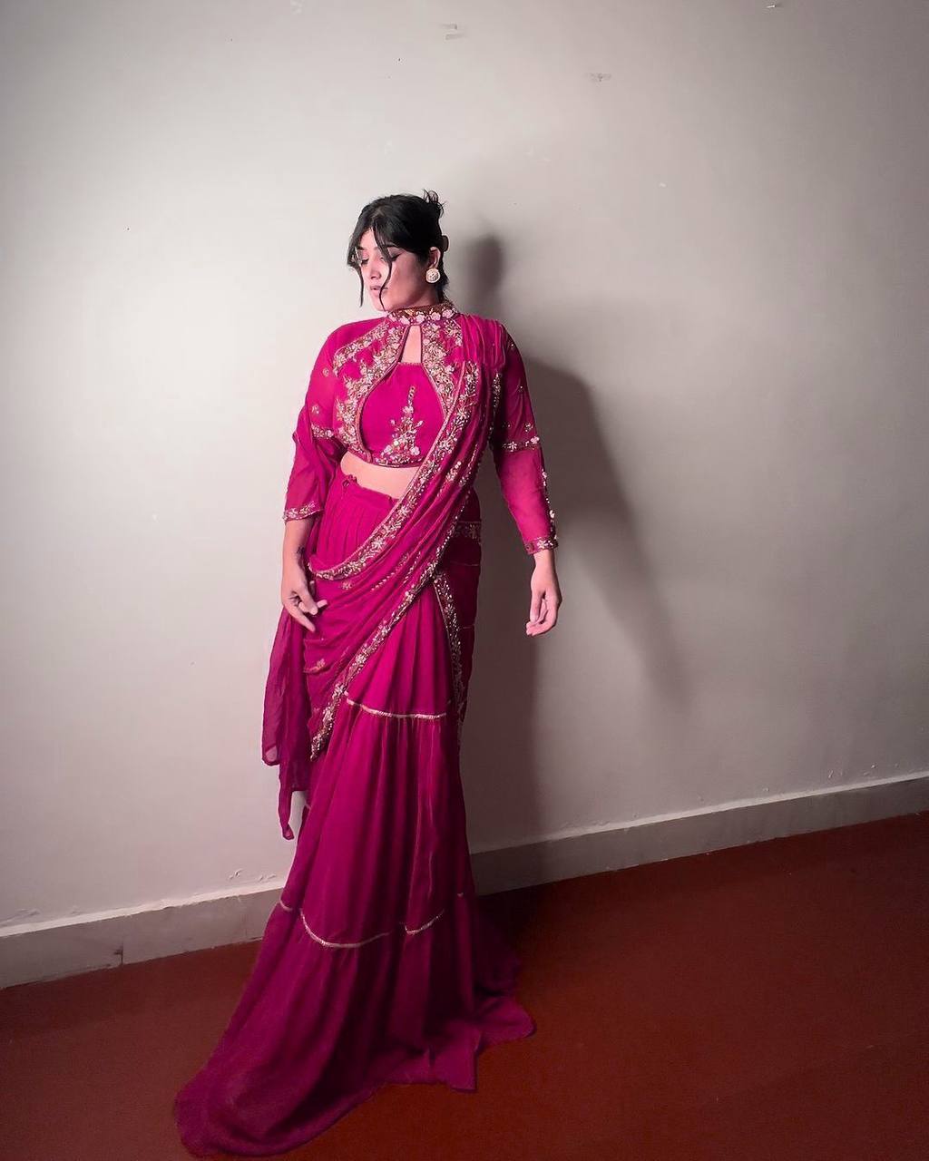 “Elegant Faux Georgette Lehenga Saree with Mirror & Sequence Embroidery - Full Stitched, Full Flair”