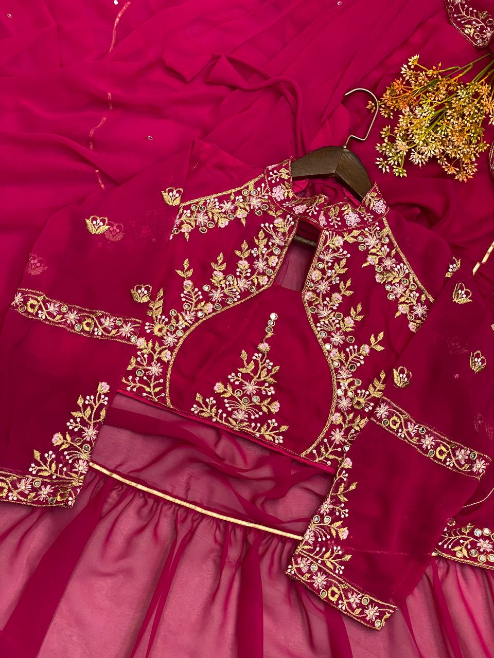 “Elegant Faux Georgette Lehenga Saree with Mirror & Sequence Embroidery - Full Stitched, Full Flair”
