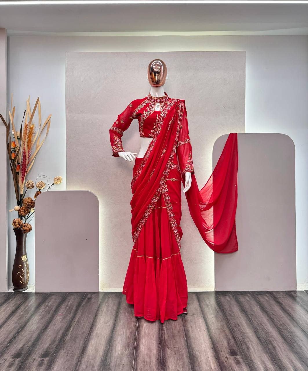 “Elegant Faux Georgette Lehenga Saree with Mirror & Sequence Embroidery - Full Stitched, Full Flair”