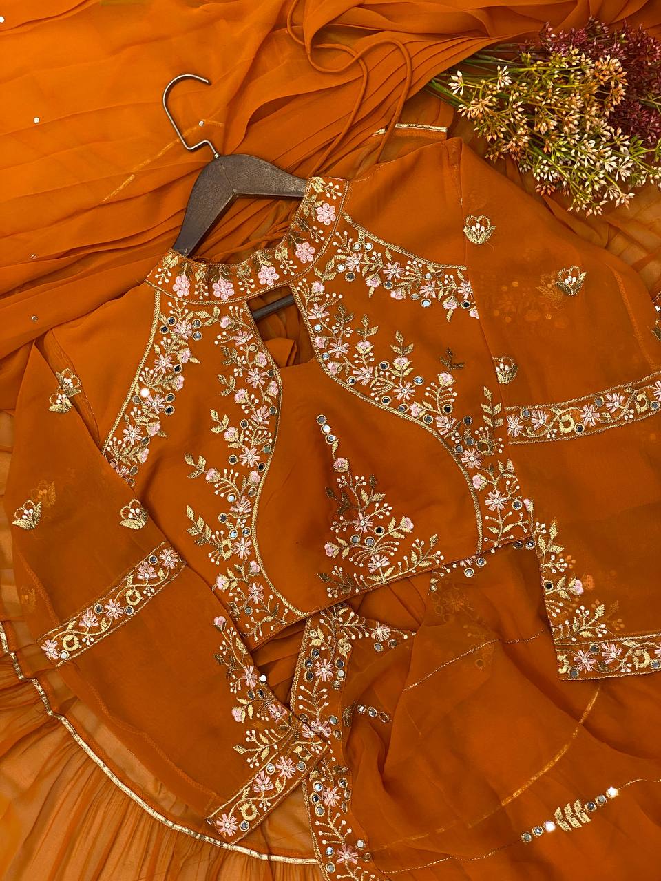 “Elegant Faux Georgette Lehenga Saree with Mirror & Sequence Embroidery - Full Stitched, Full Flair”