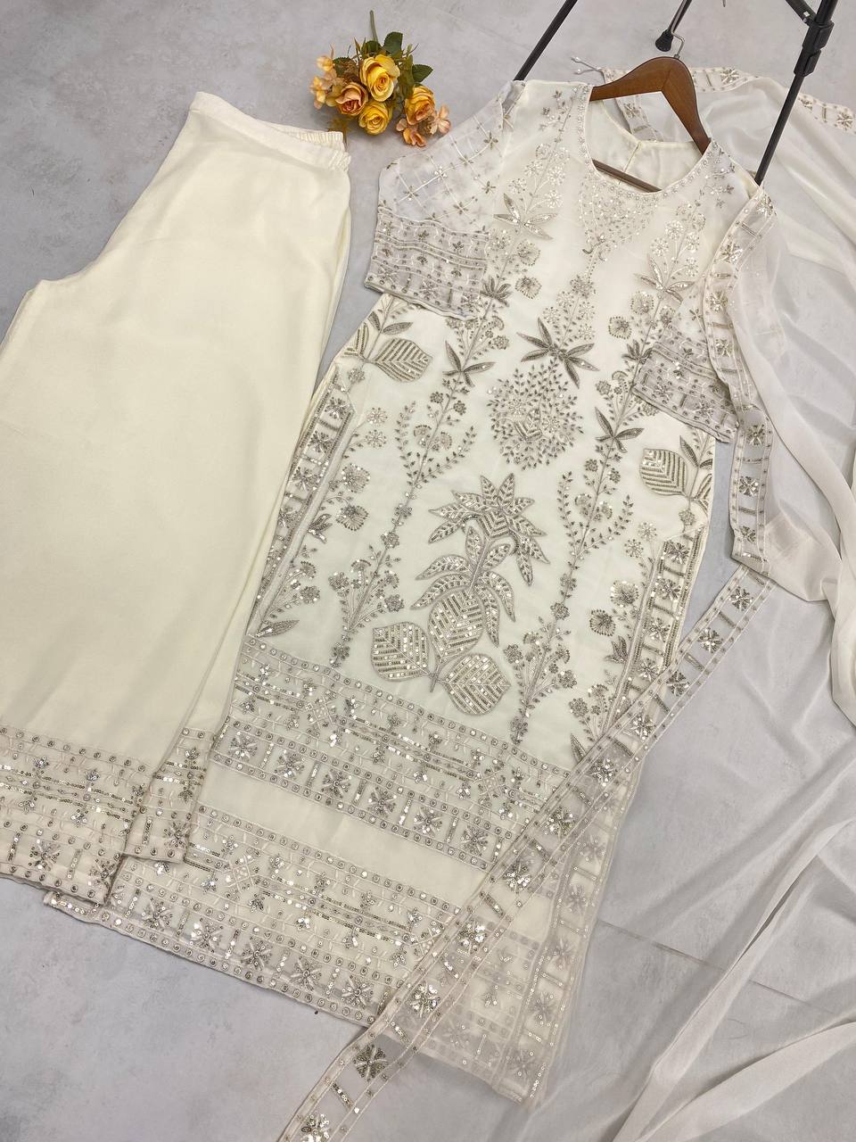 "Elegant Faux Georgette Ensemble with Sequence & Moti Embroidery"