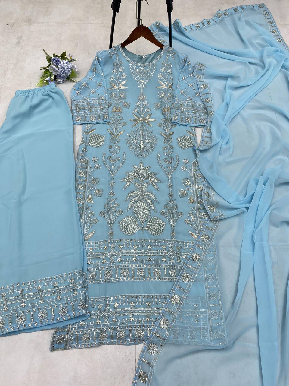 "Elegant Faux Georgette Ensemble with Sequence & Moti Embroidery"