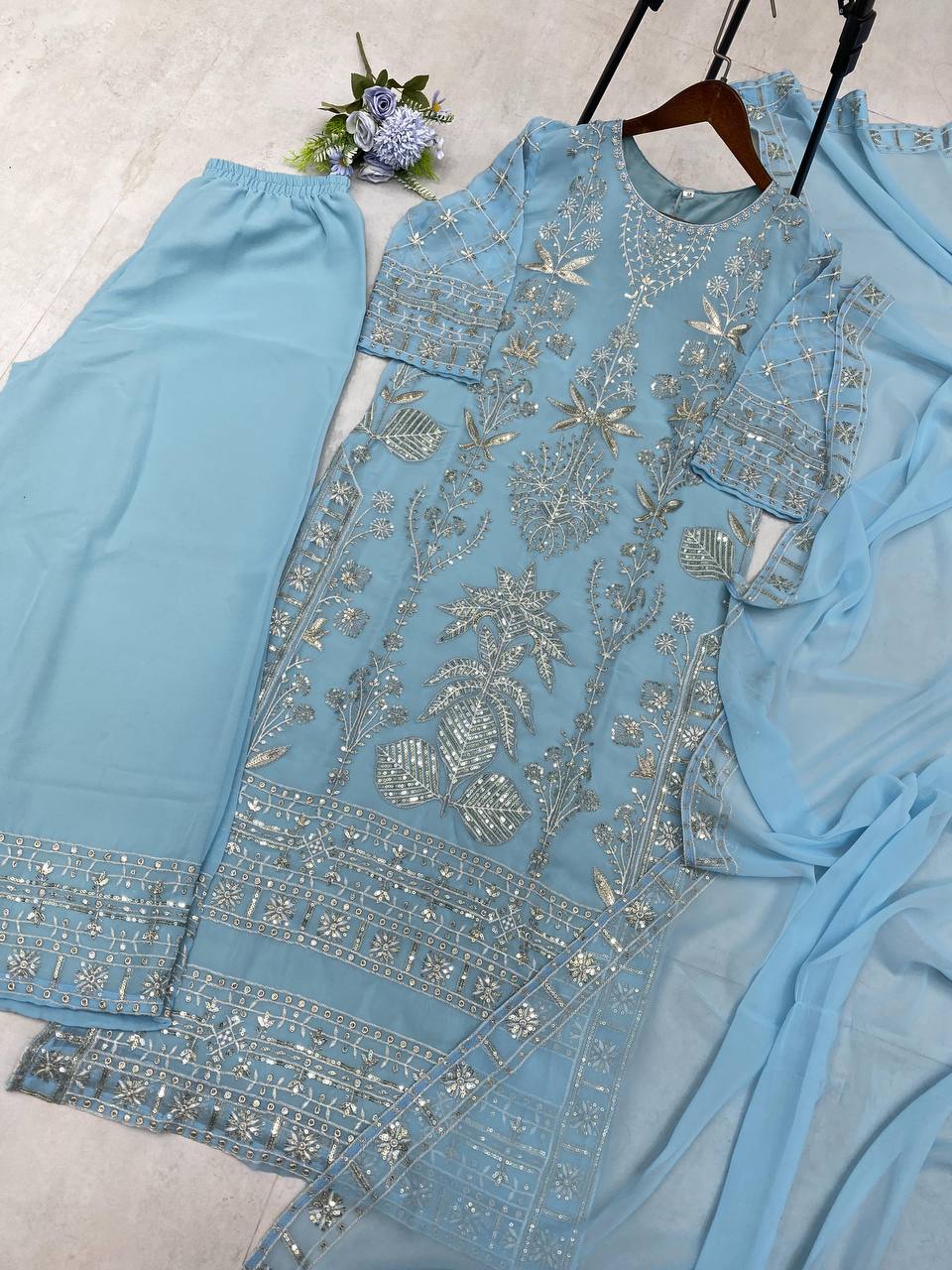 "Elegant Faux Georgette Ensemble with Sequence & Moti Embroidery"