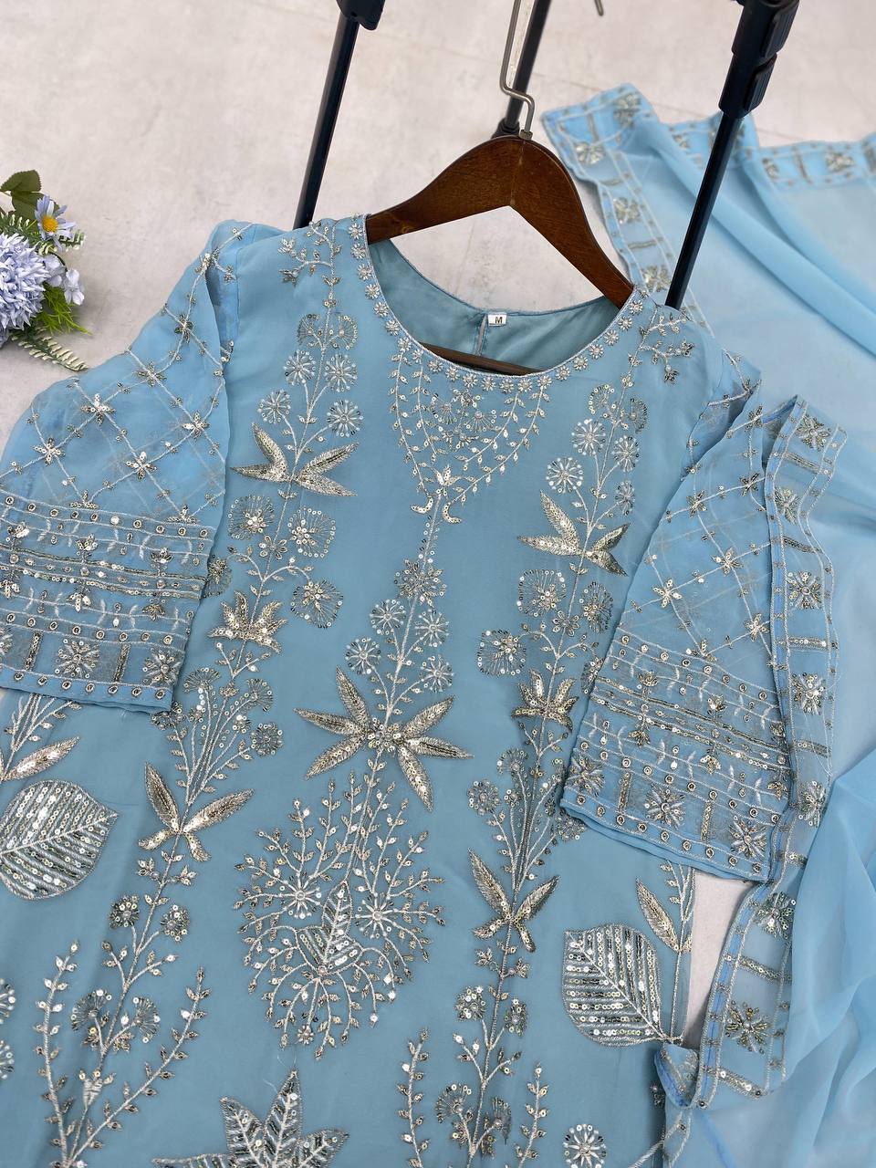 "Elegant Faux Georgette Ensemble with Sequence & Moti Embroidery"