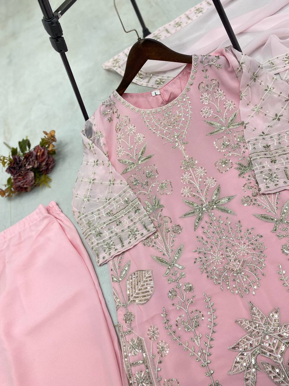 "Elegant Faux Georgette Ensemble with Sequence & Moti Embroidery"