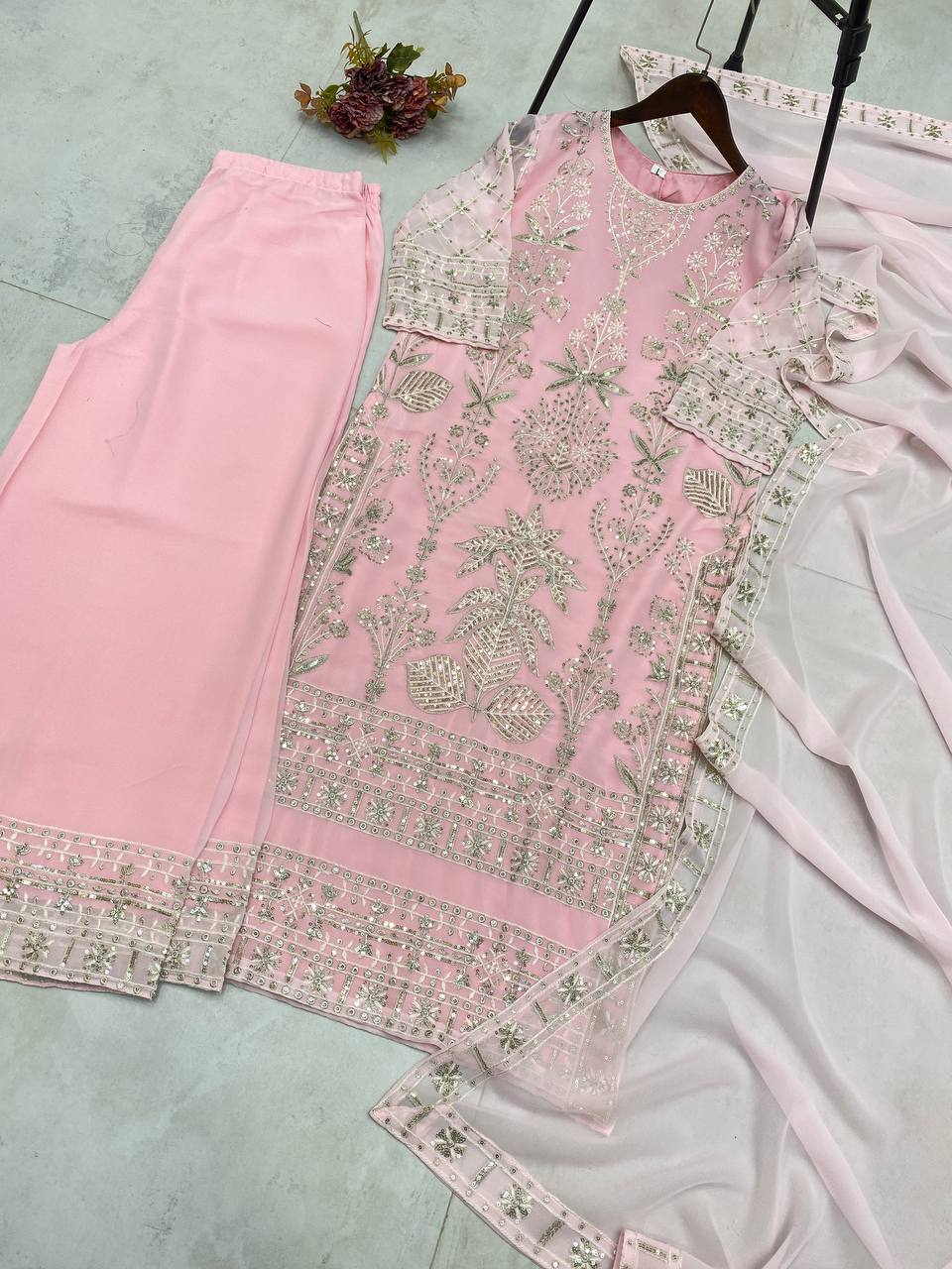 "Elegant Faux Georgette Ensemble with Sequence & Moti Embroidery"