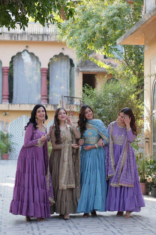 "Luxurious Star Georgette Gown with Frill Stitching & Embroidered Dupatta"