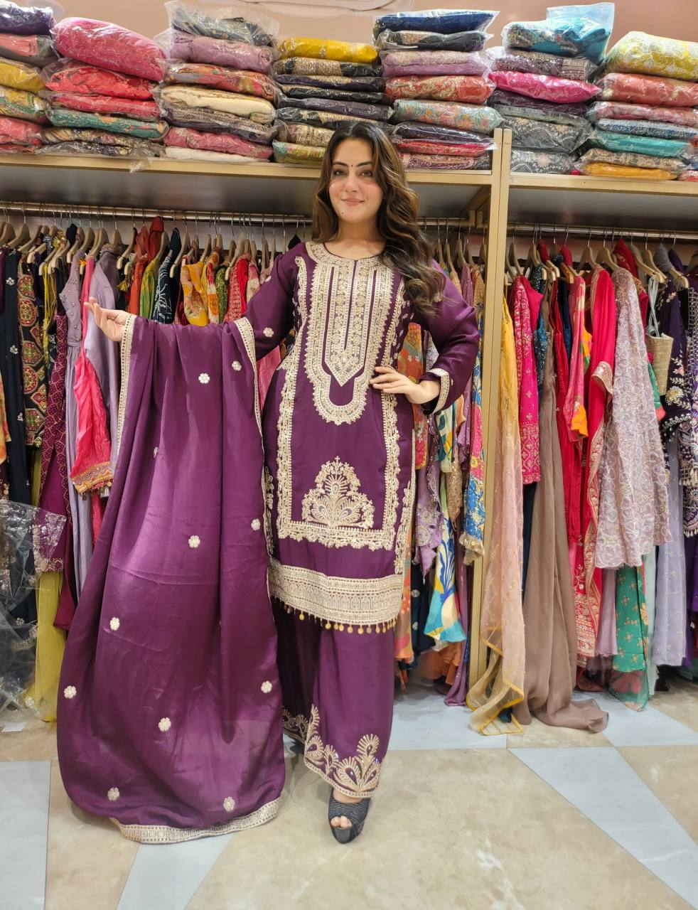 "Elegant Pure Chinnon Silk Ensemble with Heavy Embroidery and Sequence Work"