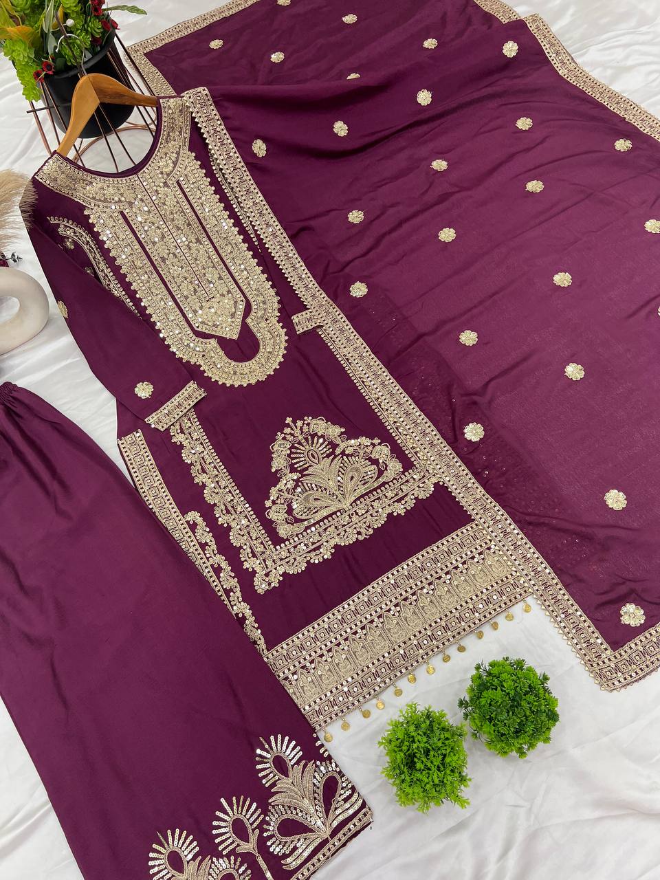 "Elegant Pure Chinnon Silk Ensemble with Heavy Embroidery and Sequence Work"
