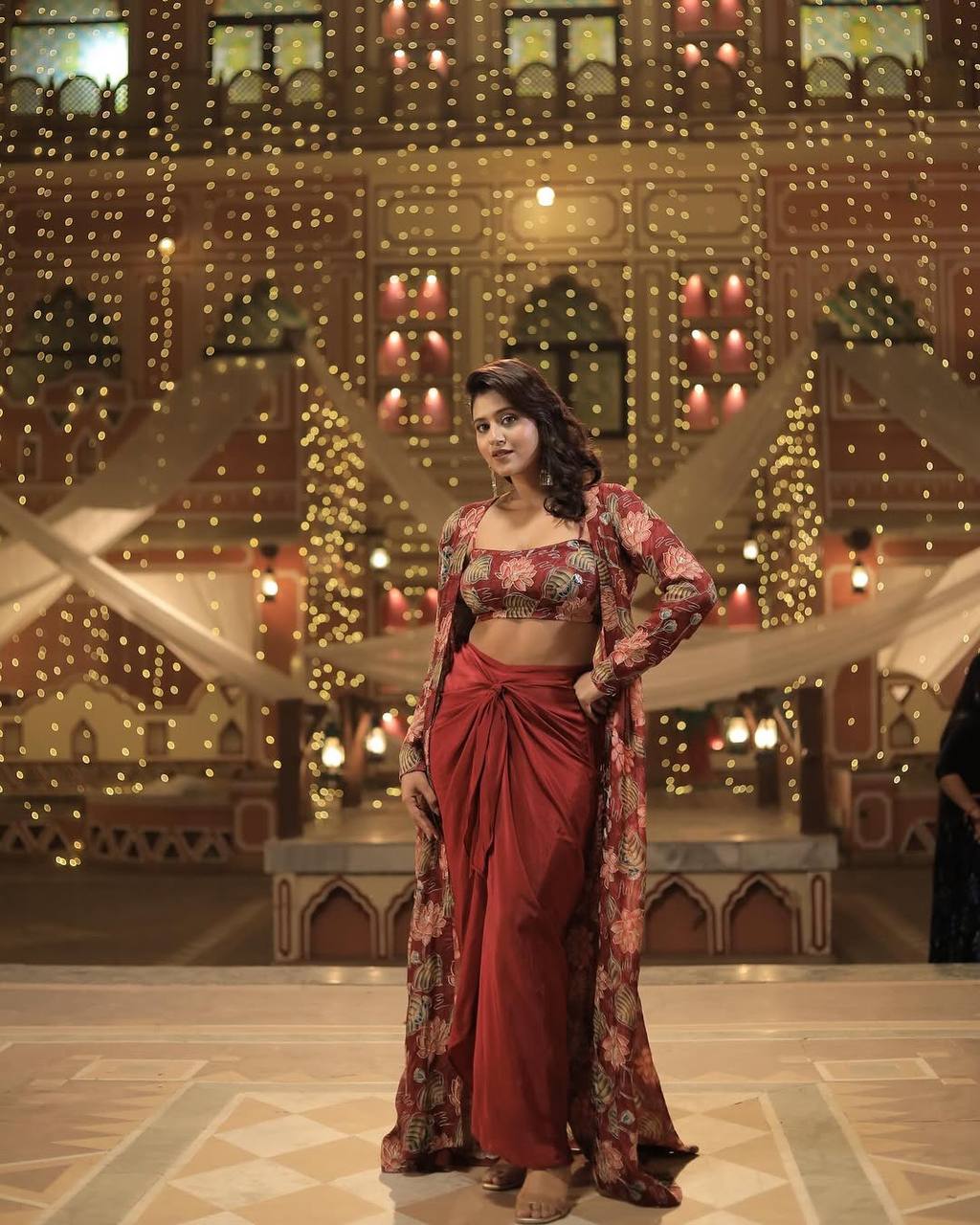 "Elegant Printed Crêpe Silk Ensemble with Draped Skirt and Shrug"