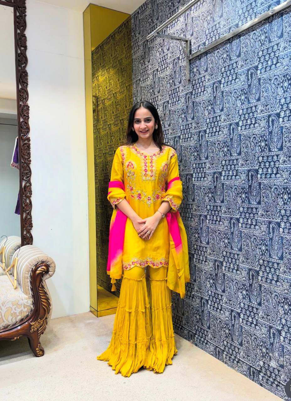 "Elegance in Silk: Designer Top, Sarara & Dupatta Set"