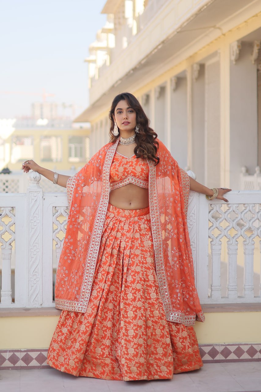 Pure Dyable Viscose Jacquard with Embroidered Sequins Work Blouse with Lehenga