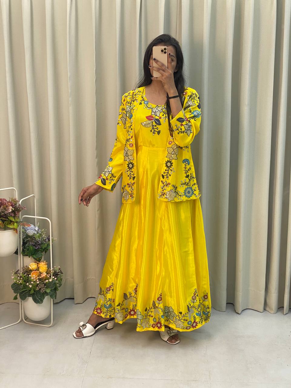 "Chinon Fabric Koti & Gown Set with Cording Sequence Embroidery – Free Size, Full-Stitched"