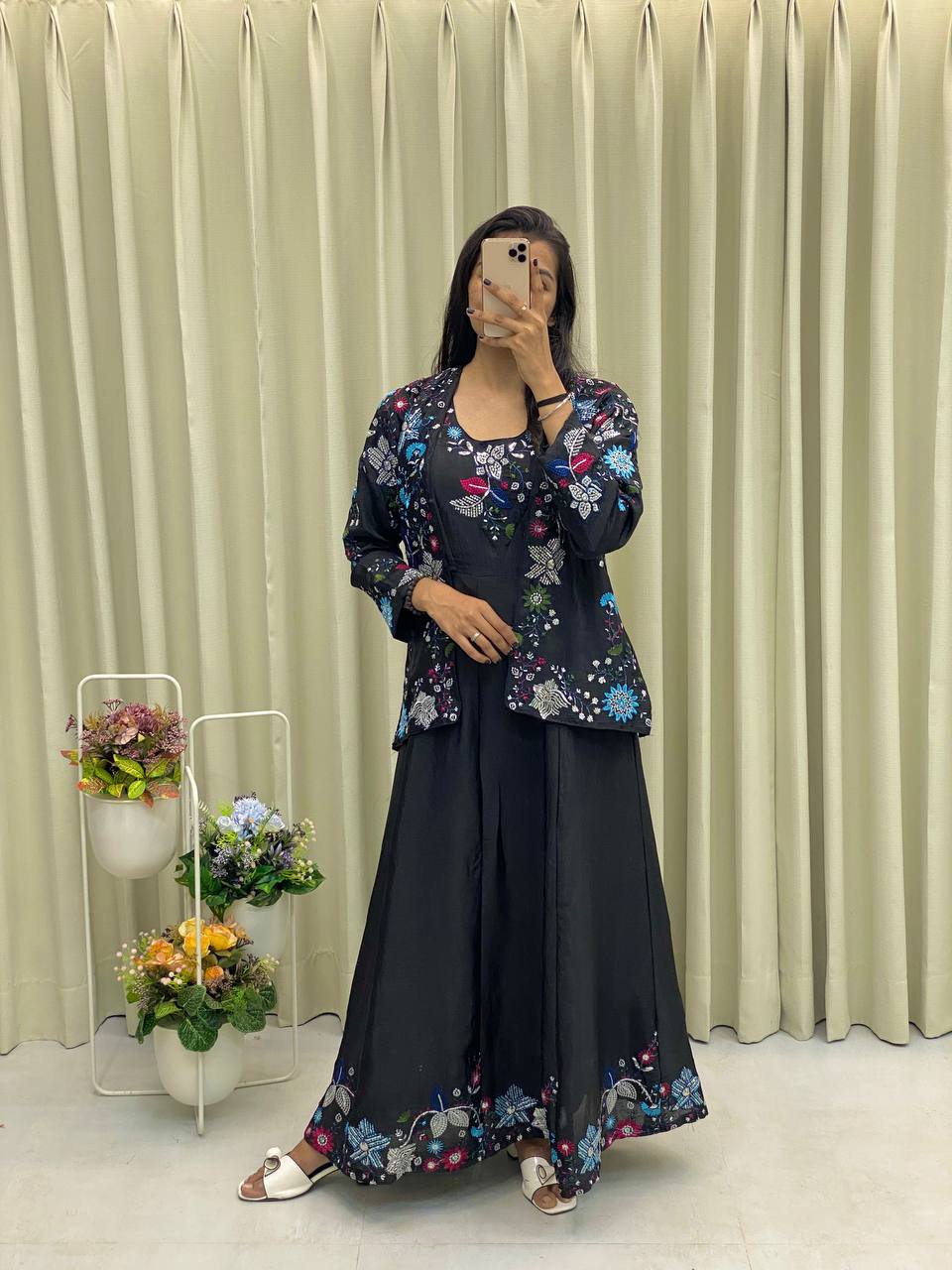 "Chinon Fabric Koti & Gown Set with Cording Sequence Embroidery – Free Size, Full-Stitched"