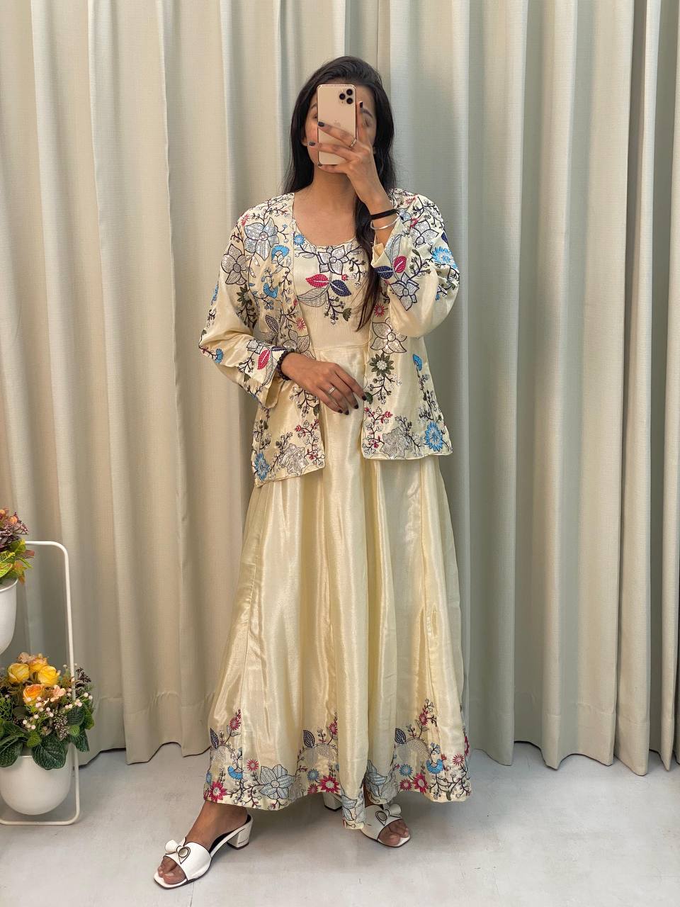 "Chinon Fabric Koti & Gown Set with Cording Sequence Embroidery – Free Size, Full-Stitched"