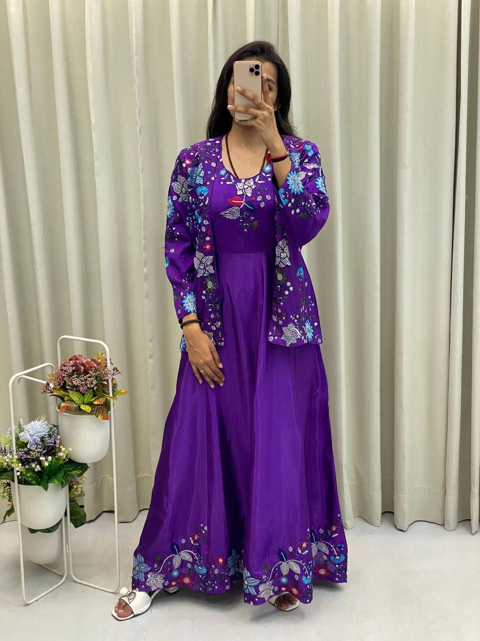 "Chinon Fabric Koti & Gown Set with Cording Sequence Embroidery – Free Size, Full-Stitched"