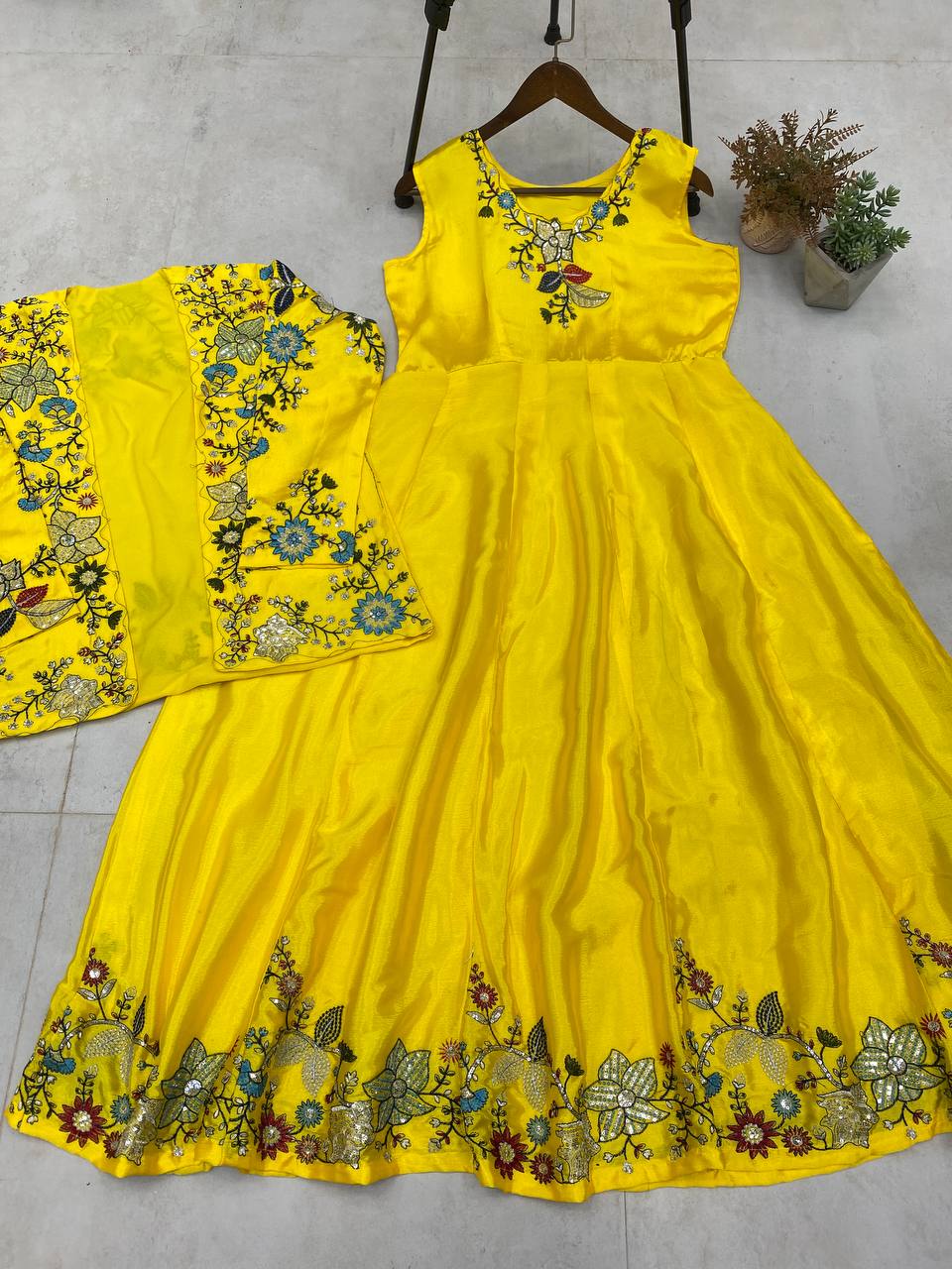 "Chinon Fabric Koti & Gown Set with Cording Sequence Embroidery – Free Size, Full-Stitched"