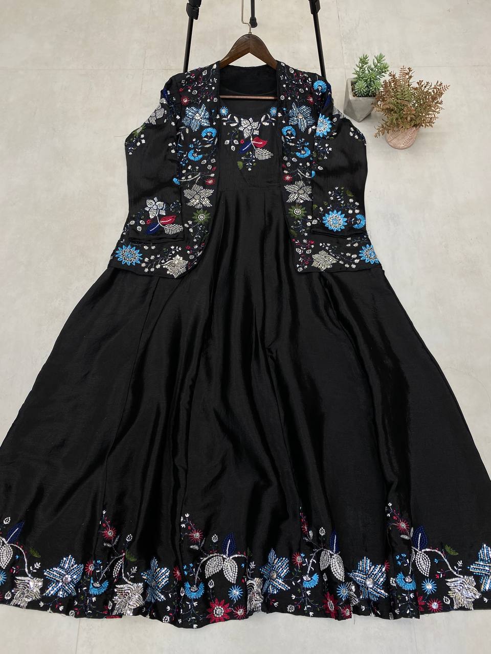 "Chinon Fabric Koti & Gown Set with Cording Sequence Embroidery – Free Size, Full-Stitched"