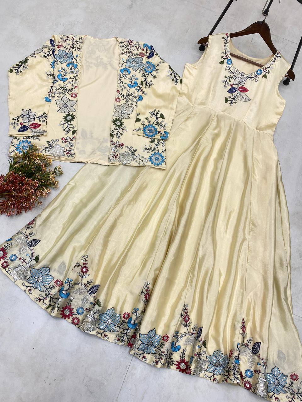 "Chinon Fabric Koti & Gown Set with Cording Sequence Embroidery – Free Size, Full-Stitched"