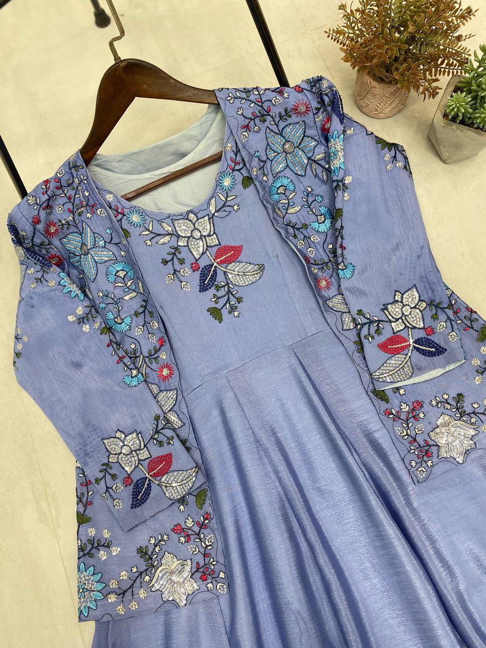 "Chinon Fabric Koti & Gown Set with Cording Sequence Embroidery – Free Size, Full-Stitched"