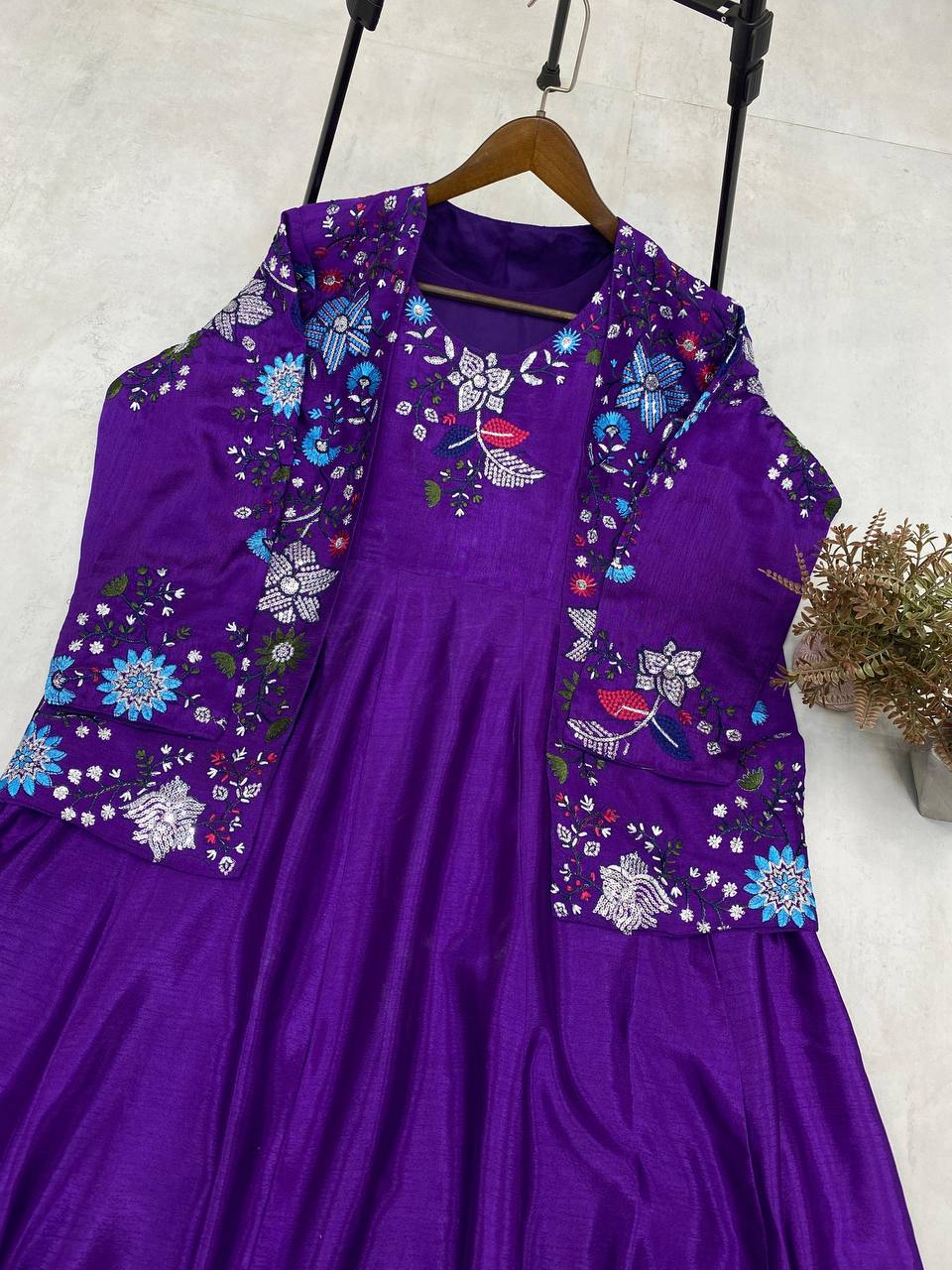 "Chinon Fabric Koti & Gown Set with Cording Sequence Embroidery – Free Size, Full-Stitched"