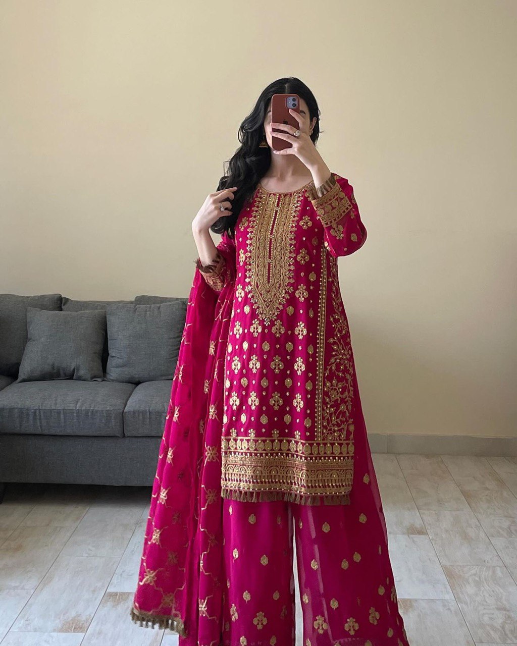 "Elegant Foux Gorgette Thread Work Set with Sequins & Lace Border"