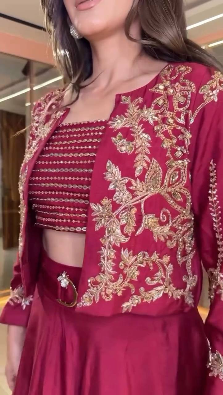 "Elegant French Crêpe Lehenga Set with Sequence Embroidery"