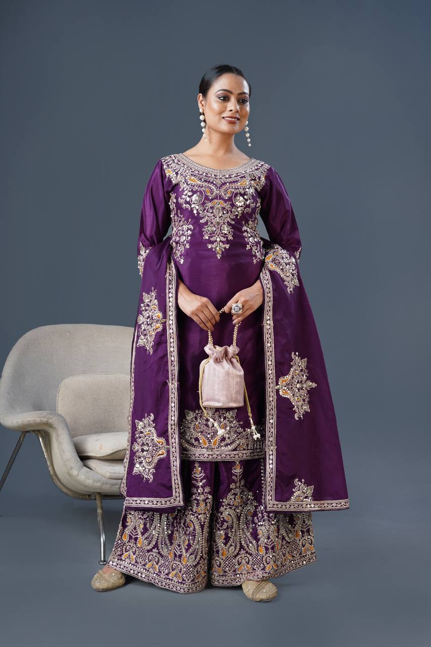 "Elegant Chinnon Silk Ensemble with Heavy Embroidery and Sequence Work"