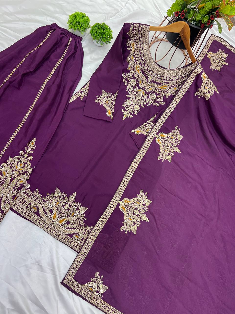 "Elegant Chinnon Silk Ensemble with Heavy Embroidery and Sequence Work"