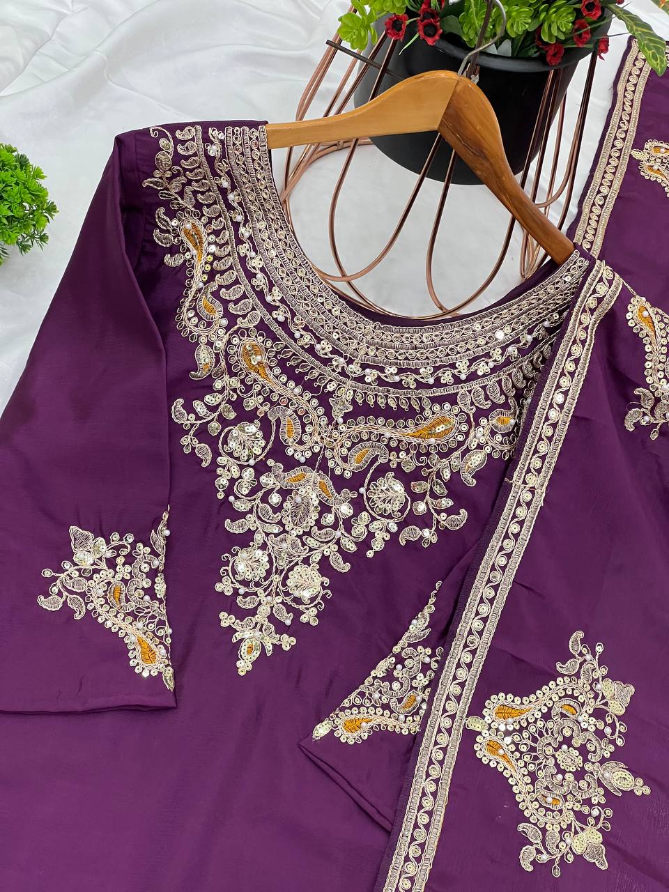 "Elegant Chinnon Silk Ensemble with Heavy Embroidery and Sequence Work"