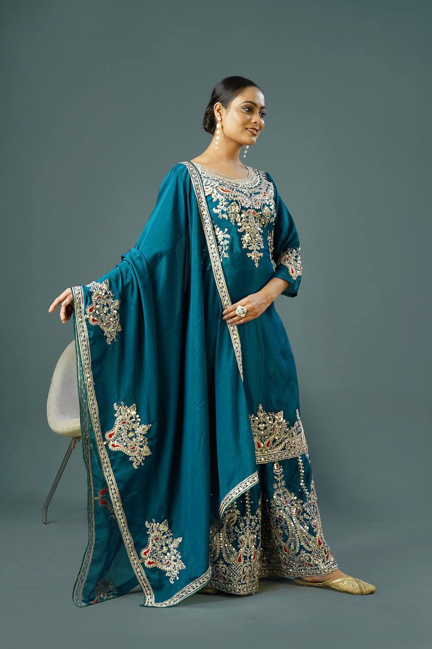 "Elegant Chinnon Silk Ensemble with Heavy Embroidery and Sequence Work"