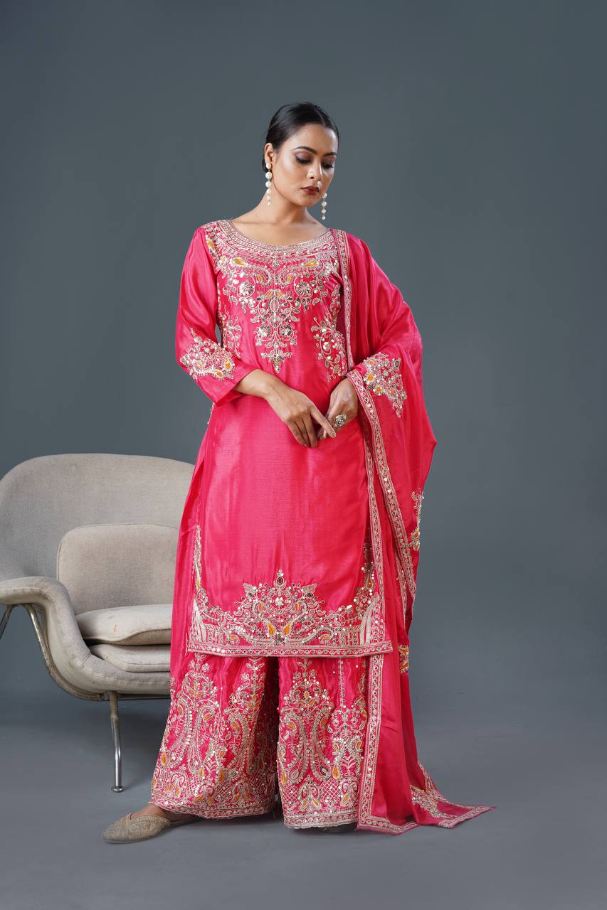 "Elegant Chinnon Silk Ensemble with Heavy Embroidery and Sequence Work"