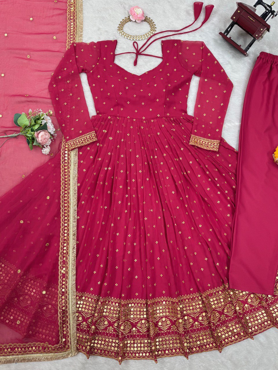 "Elegant Thread Work Set with Sequence Detailing and Lace Borders"