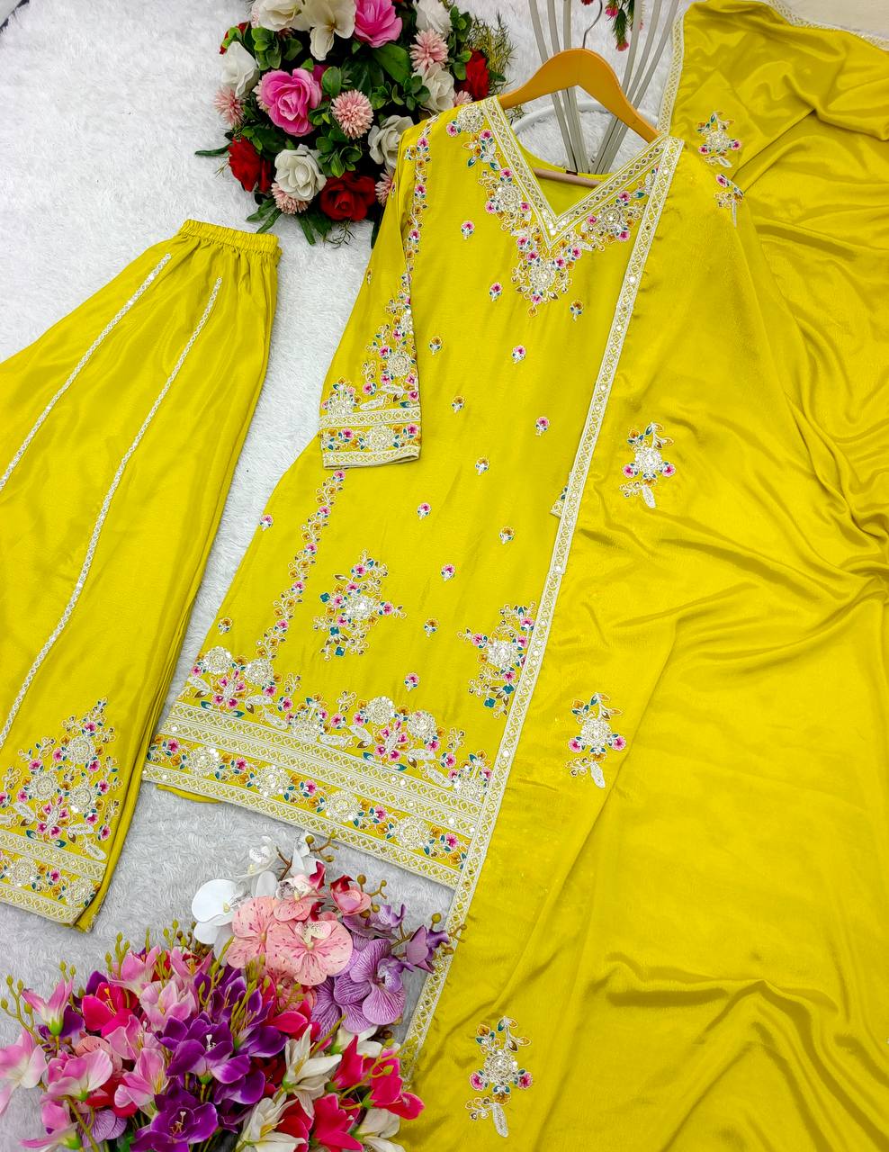 "Elegant Cinon Silk Embroidered Top, Sarara, and Dupatta Set – Fully Stitched, Ready to Wear"