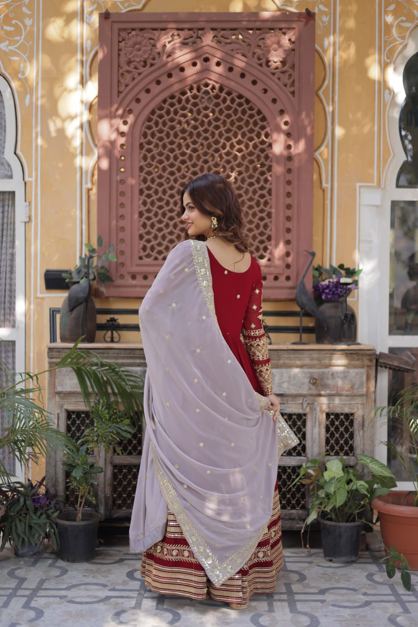 "Elegant Faux Blooming Embroidered Gown with Sequins & Designer Dupatta"