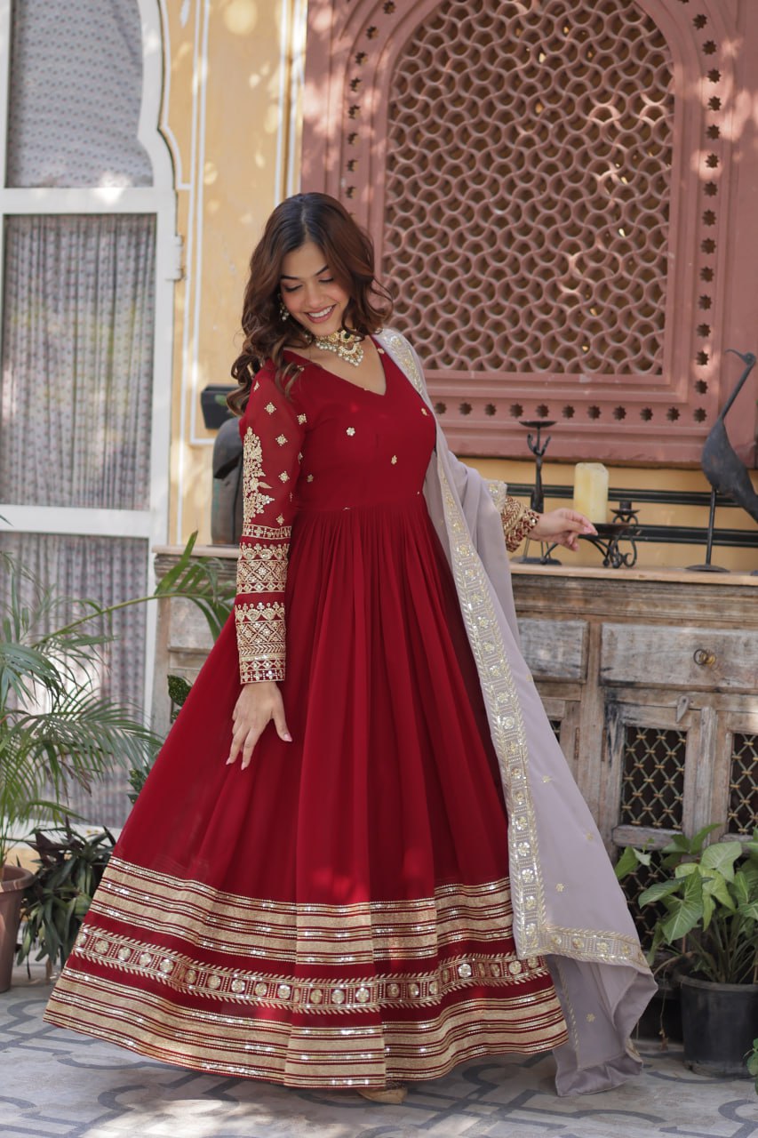 "Elegant Faux Blooming Embroidered Gown with Sequins & Designer Dupatta"