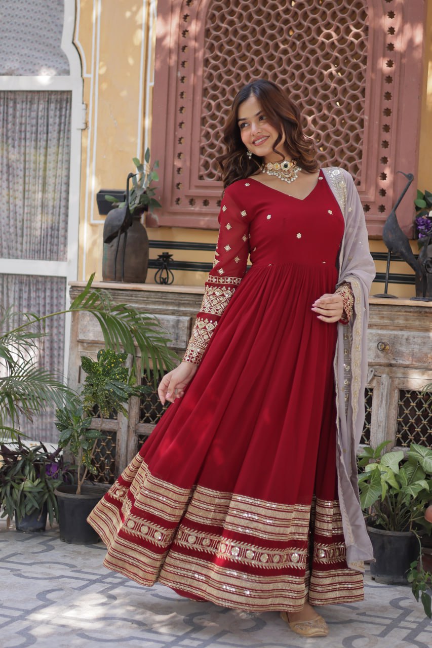 "Elegant Faux Blooming Embroidered Gown with Sequins & Designer Dupatta"