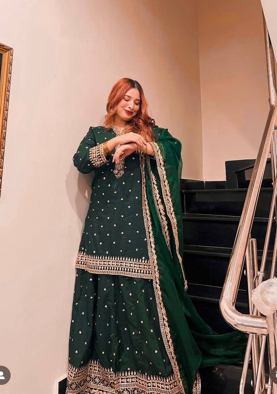 "Exquisite Pure Cinon Silk Ensemble with Heavy Embroidery & Sequence Work"