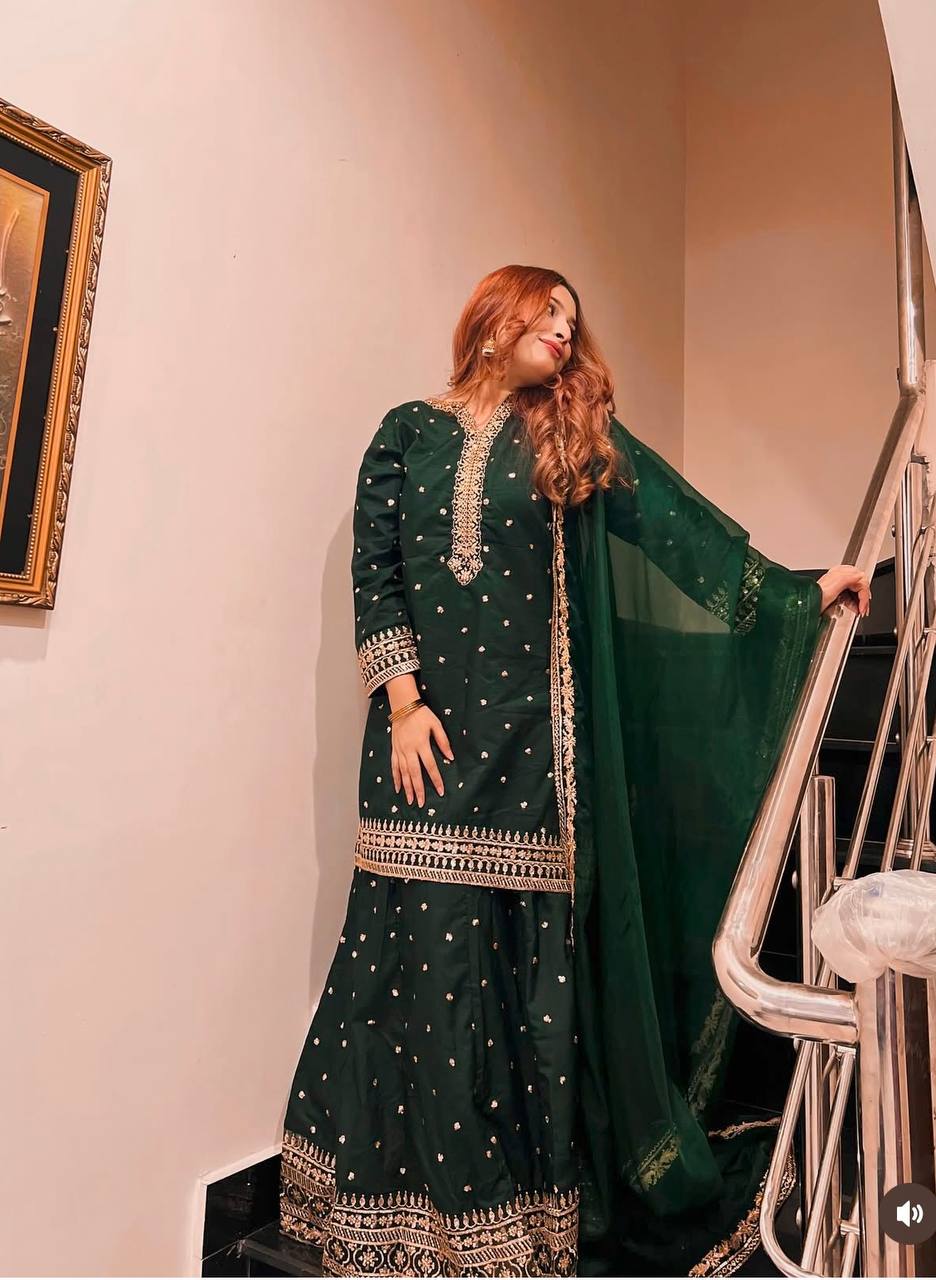 "Exquisite Pure Cinon Silk Ensemble with Heavy Embroidery & Sequence Work"