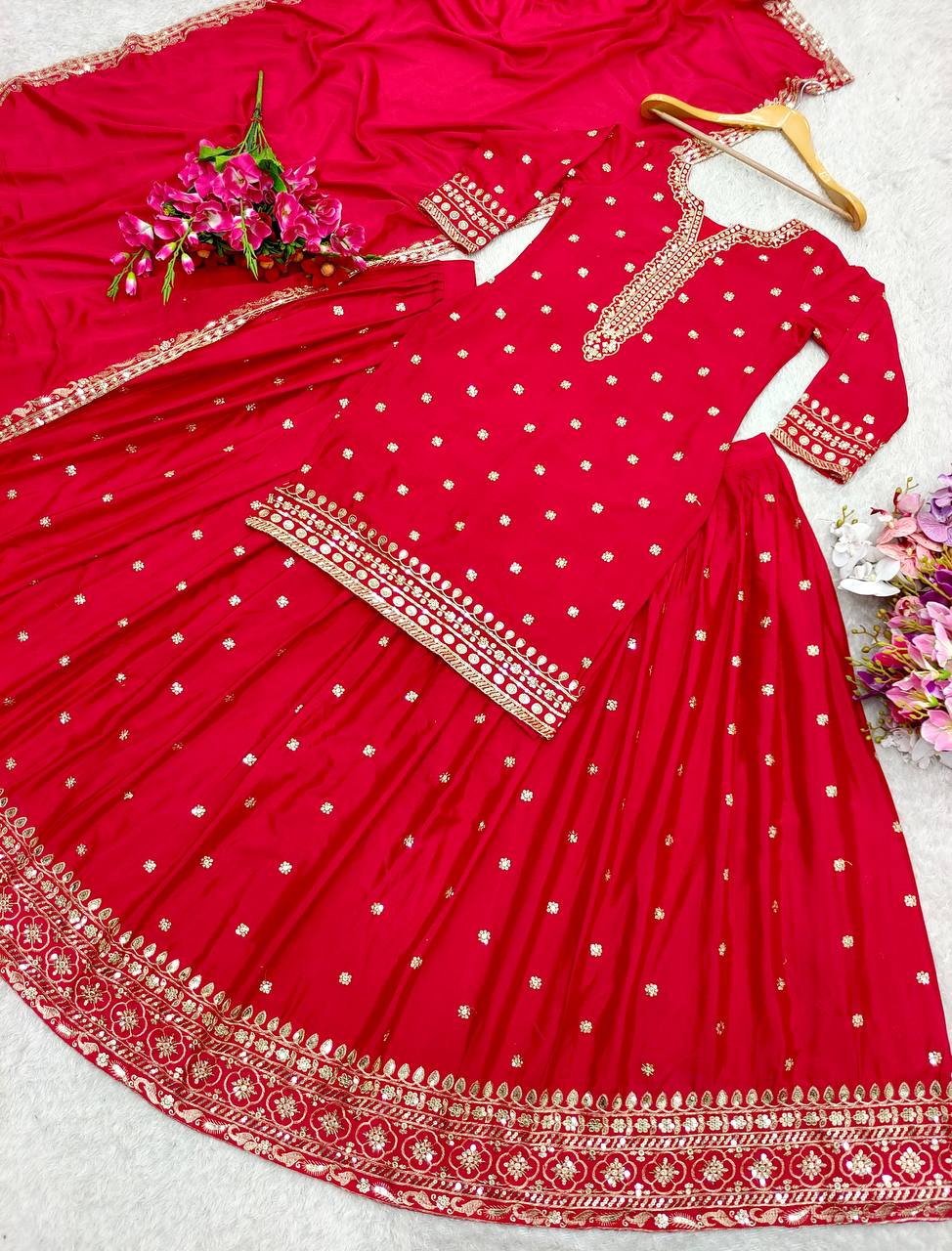 "Exquisite Pure Cinon Silk Ensemble with Heavy Embroidery & Sequence Work"