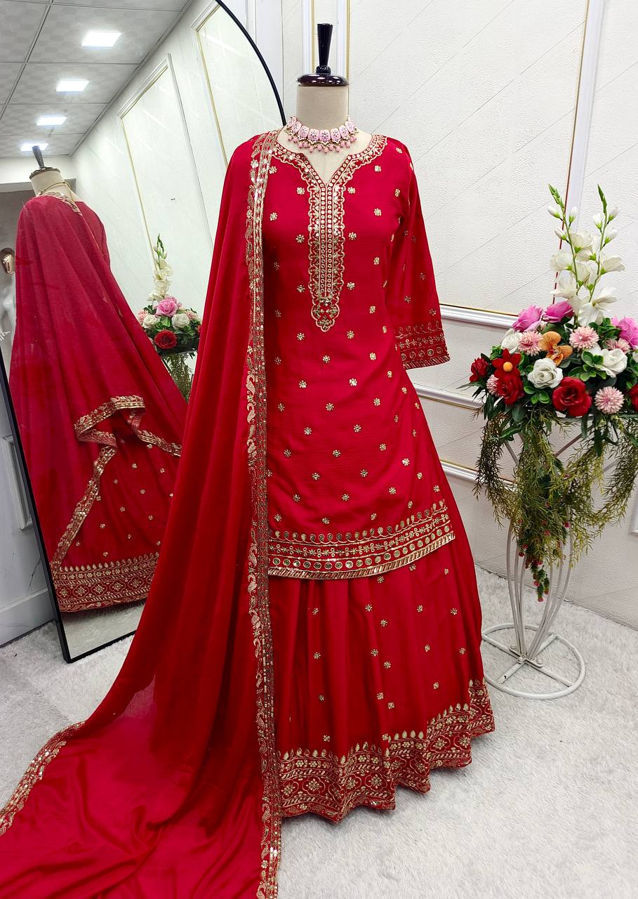 "Exquisite Pure Cinon Silk Ensemble with Heavy Embroidery & Sequence Work"