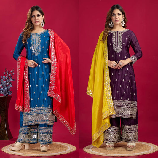 "Elegant Chinnon Silk Embroidered 3-Piece Set with Sequence Work"