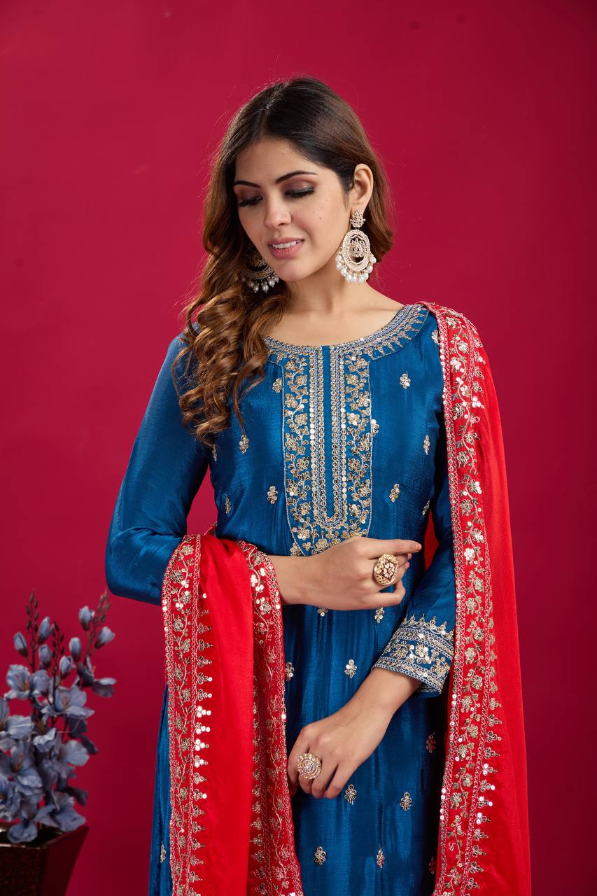 "Elegant Chinnon Silk Embroidered 3-Piece Set with Sequence Work"