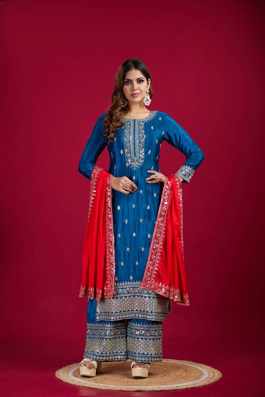"Elegant Chinnon Silk Embroidered 3-Piece Set with Sequence Work"