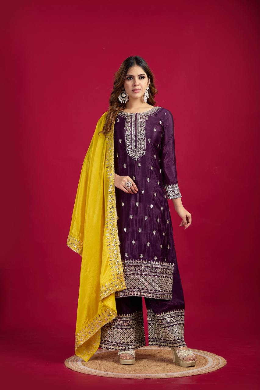 "Elegant Chinnon Silk Embroidered 3-Piece Set with Sequence Work"