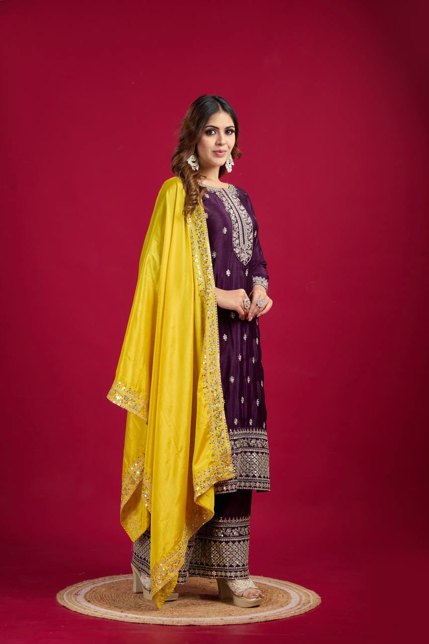 "Elegant Chinnon Silk Embroidered 3-Piece Set with Sequence Work"