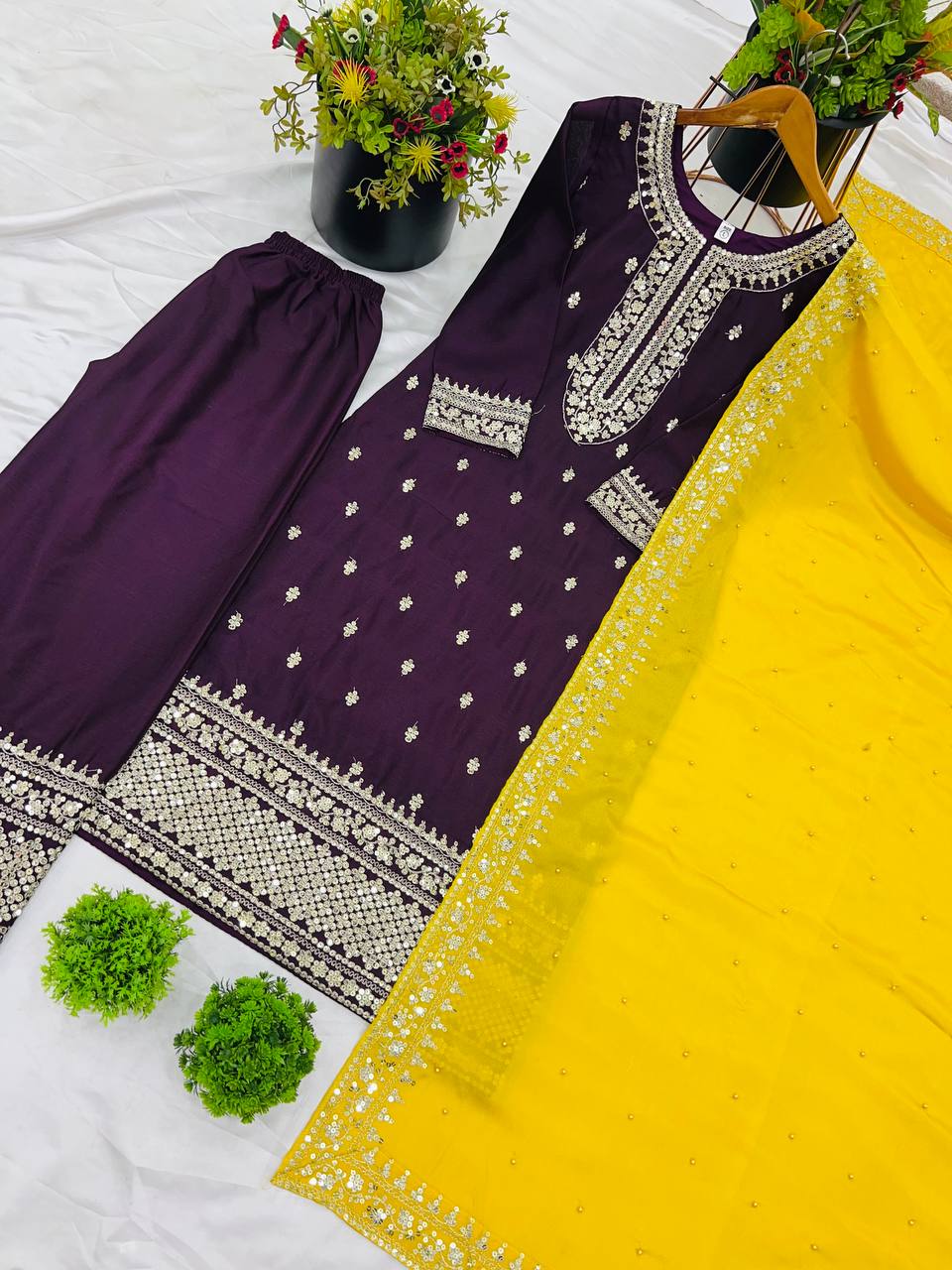 "Elegant Chinnon Silk Embroidered 3-Piece Set with Sequence Work"