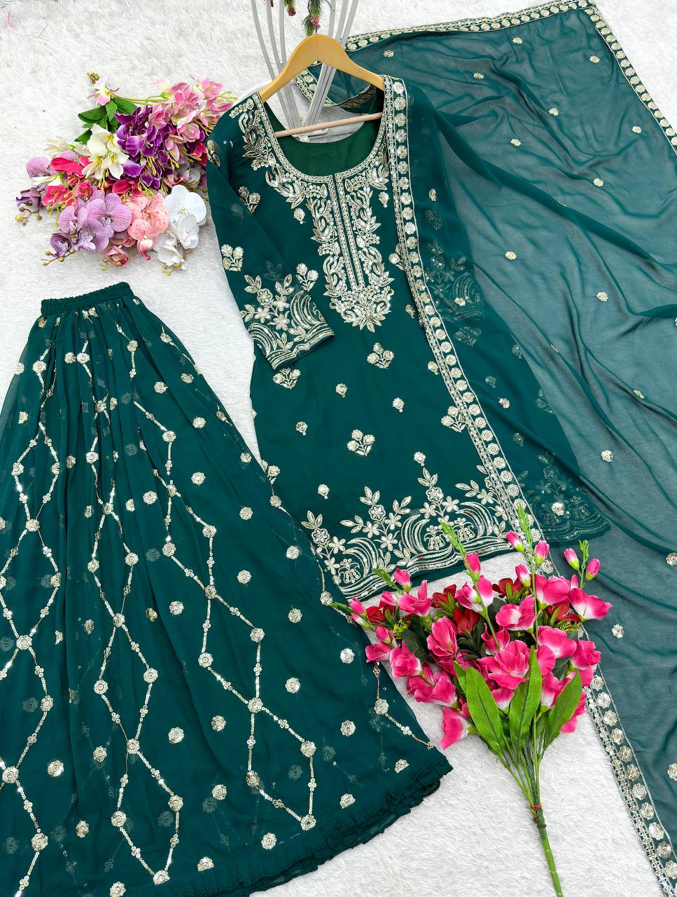 "Elegant Pure Fox Georgette Set with Heavy Embroidery & Sequence Work"